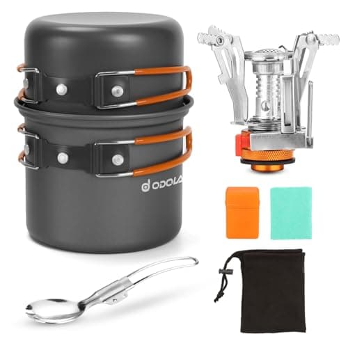 Image of Odoland Camping Cookware Set With Stove for 1-2 People - Portable Campfire Stainless Steel Cook Gear Traveling Cooking Equipment Utensils Outdoor Cooking Kit for Trekking Hiking Picnic