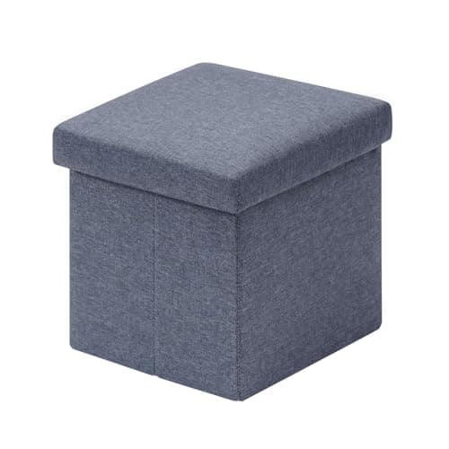 Image of Bonlife Blue Linen Fabric Folding Small Ottoman Storage Box,Footrest Seat Cube Footstool and pouffes Toy Chest Box with Lid for Living Room 30cm