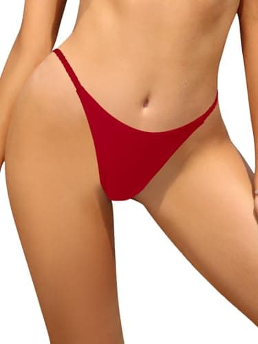 Image of SHEKINI Womens Low Rise Thong Bikini Bottoms V Cut Ruched Swim Bottom Cheeky Brazilian Swimwear High Cut Swimsuit, Red, X-Large