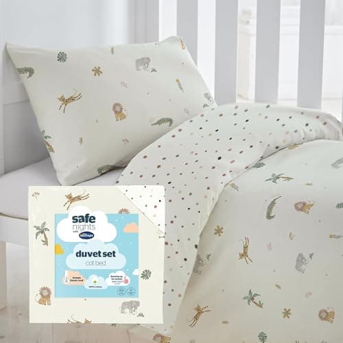 Image of Silentnight Safe Nights Cot Bed Duvet Set - Breathable 100% Cotton Jersey - Super Soft Kind to Skin - Duvet Cover & Pillowcase for Toodler Child Junior Quilt - 150x120cm - Hypoallergenic, Safari