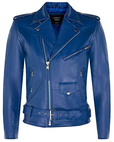 Image of Men's Leather Blue Brando Biker Jacket Rock Motorcycle Retro Hide Biker Jacket S