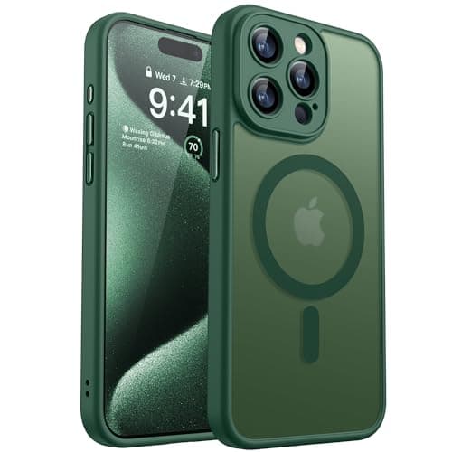 Image of CANSHN Magnetic Compatible with iPhone 15 Pro Max Case, Compatible with MagSafe, Upgraded [Full Camera Protection], [Military Grade Drop Tested] Translucent Matte Back 6.7 inch,Deep Green