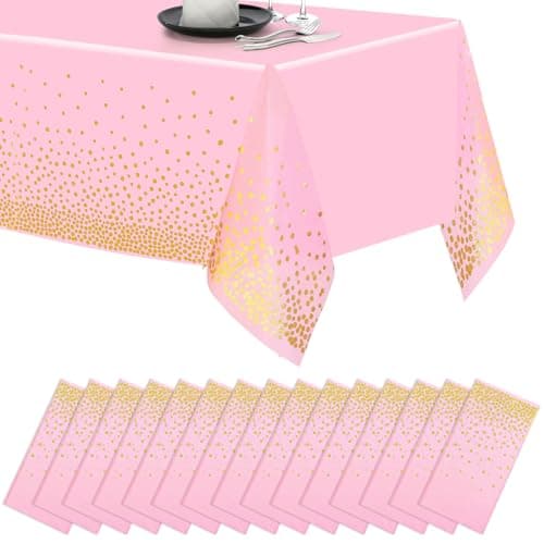 Image of SHUESS 15 Pack Pink and Gold Disposable Tablecloths - Golden Dot Confetti Rectangular Pink Table Cloth Party - 137 x 274 cm Plastic Table Cover for Indoor or Outdoor Parties, Picnic, Weddings