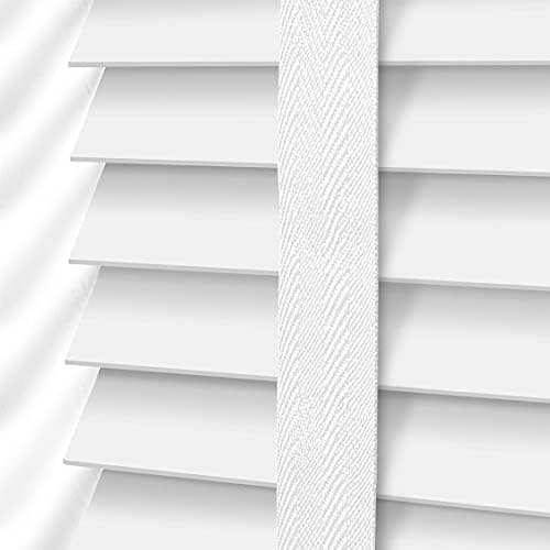 Image of White Faux Wood Window Venetian Blind/Blinds - Easy Fit Child Safe Trimmable Shutters - 50MM Slats with Aluminium Headrail & Matching Facia (White, 114cm Width x 150cm Length)