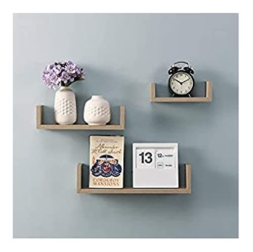 Image of Homme Concept - Floating Shelves Set of 3 - U Shaped Composite Wood Wall Mounted Display Shelf for Bedroom, Living Room, Bathroom, Kitchen, and Office (Light Oak Effect)