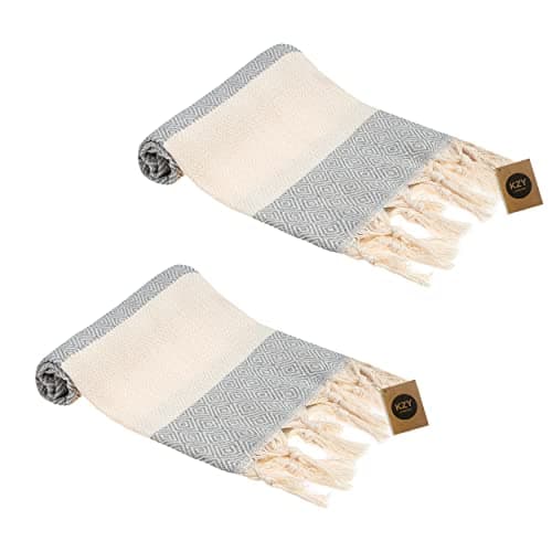 Image of KZY LONDON Turkish Hand Towel Set of 2 - Towel for Kitchen and Bathroom - 50x100cm, 18,5x40 Inches - Prewashed Absorbent Peshtemal Decorative Towel for Face, Hand, Hair, Gym, Travel (Grey)