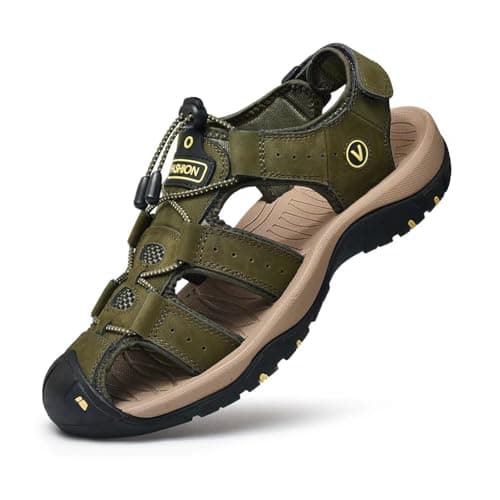 Image of ZYLDK Sports Outdoor Sandals Summer Men's Beach Shoes Closed-Toe Shoes Leather Casual Trekking Walking Hiking Touch Close sandals for men Green UK7.5