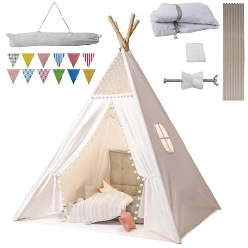 Image of Jodimitty Teepee Tent for Kids Cotton Canvas Play Tents Indoor Outdoor, Gift for Girls Boys, Foldable & Portable Wigwam Tipi Play House, Breathable Window Design with Storage Bag, 120x120x160cm