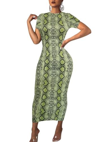 Image of Women's Long Bodycon Dresses Leopard Print Casual Maxi Club Party Tight Dress Short Sleeve, Snakeskin Green, XXL