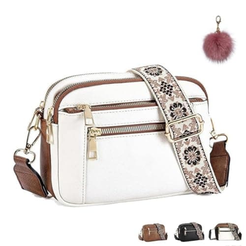 Image of Handmade Colorful Straps Crossbody Leather Bags,Triple Zip Small Shoulder Handbags,Purses for Women with Adjustable Wide Strap (White,7.87(L) x6.14"(H))