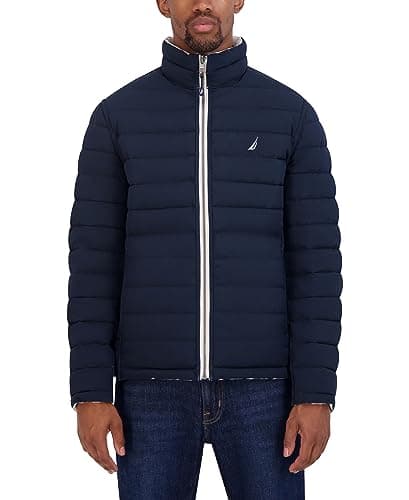 Image of Nautica Men's Stretch Reversible Midweight Puffer Jacket, Wind and Water Resistant, Cloud Grey, Medium