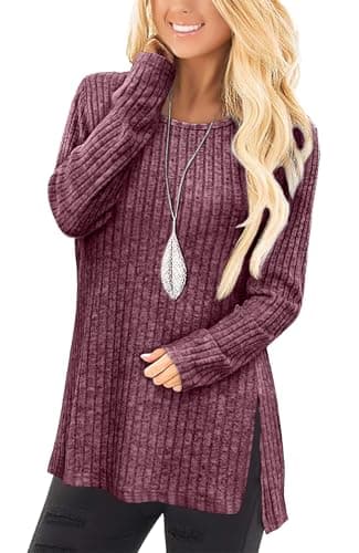 Image of Aokosor Jumpers for Women Long Sleeve Tops Ladies Tunic Side High Split Lightweight Fuchsia Size 14-16