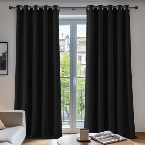 Image of Deconovo Blackout Curtains Eyelet Super Soft Thermal Insulated Window Treatment Ring Top Blackout Curtains for Livingroom 66 x 90 Drop Inch Black 2 Panels