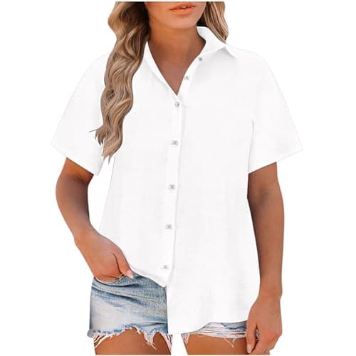 Image of HAOLEI Ladies Linen Tops 2026 - Womens Cotton Linen T-Shirt UK Elegant Tee Shirts Button Down Summer Lapel Short Sleeve Casual Smart Office Work Tunic Tops Collared Blouses Plus Size 8-22 White