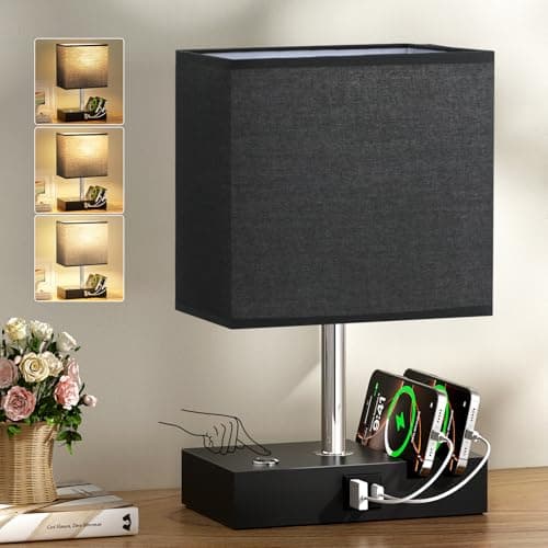 Image of PreeOtti Black Bedside Lamp, Touch Lamp with USB Charging Station and Organizer(Bulb Included)