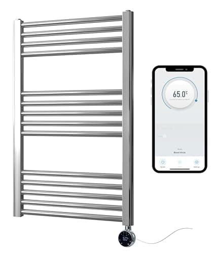 Image of Greened House Chrome Electric Smart WiFi Controlled Heated Towel Rail 500mm W x 800mm H Flat 7 Day Programmable Timer App Compatibility