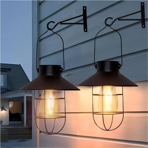 Image of pearlstar Solar Lanterns Outdoor Metal Solar Powered Hanging Lights Waterproof for Wall Yard Garden Patio Garage Balcony Porch Fence Decor, Warm White Edison Bulb,with Wall Mount Kit(Black-2pack)