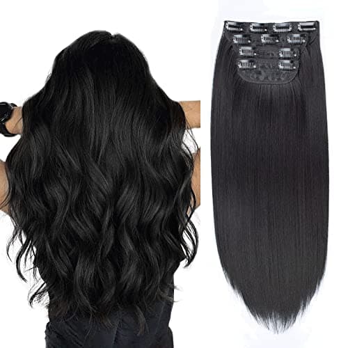 Image of Xtrend Black 16 Inch Clip in Hair Extensions 4Pcs 11Clips Straight Thick Full Head Double Weft Clip on Synthetic Hair Extension Hairpieces for Women Daily Use 1B#