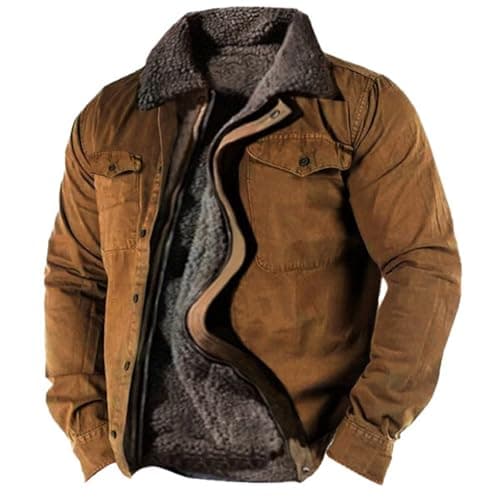 Image of Mymyguoe Vintage Fleece Jacket Men's Pilot Jacket Lined Warm Transition Jacket Winter Jacket Winter Warm Work Jacket Turn-Down Collar Sherpa Fleece Coat Trucker Coat Retro Western Cargo Jackets, brown