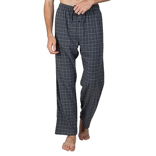 Image of JTPW Men's 100% Cotton Flannel Comfortable Pajama/Lounge Bottoms with Pockets，Grey Navy Plaid,M