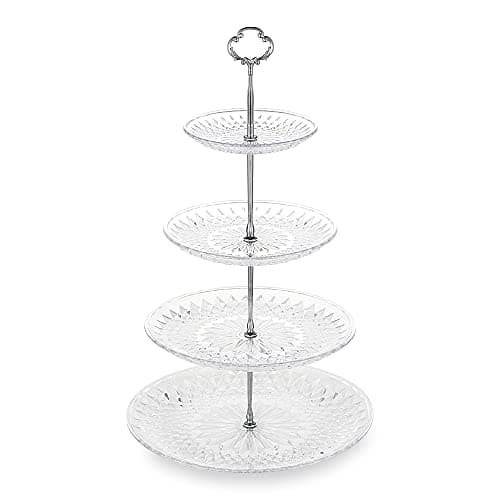 Image of NWK 3/4-Tier Cake Stand with Clear Plastic Plates and Metal Struts Dessert Stable Tower Display Rack Serving Tray for Wedding Birthday Baby Shower Party Summer Afternoon Tea Silver