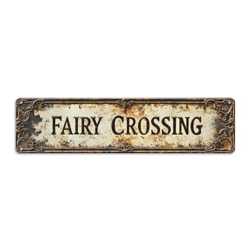 Image of Vintage-Style 'Fairy Crossing' Metal Sign, 16x4 Inch, Farmhouse Art Sign for Home, Bedroom, Patio, Garage - Distressed Finish Wall/Gate Hanging Plaque, Backyard, Cafe Decor, Holiday Decor