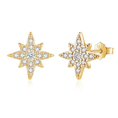 Image of Zolkamery Sterling Silver Studs Earrings, 925 Silver Studs Earrings for Women with 5A Cubic Zirconia, Small Gold Star Silver Stud Earrings, 925 Hypoallergenic Cartilage Sleeper Earrings for Girls 10mm