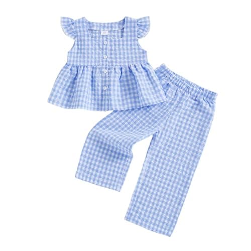 Image of Geagodelia Kids Toddler Baby Girls Summer Clothes Set Gingham Print Button Up Sleeveless Peplum Tops and Trousers Cute 2 Piece Outfit (Blue, 3-4 Years)