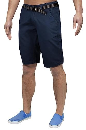 Image of True Face Men Shorts Stretchable Chino Cotton Slim Fit Shorts Zip Fly Summer Half Pants with Belt Casual Knee Length Bottoms with Pockets Navy 36