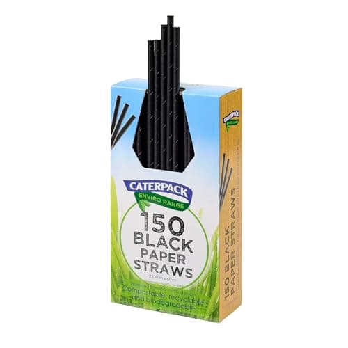 Image of Caterpack Enviro Range Paper Straws Black 150 Pack, 210 x 6mm, Fully Recyclable, Biodegradable and compostable. Strong & Sustainable.