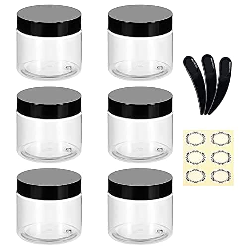 Image of Alledomain 6Pcs 100g/100ml Clear Plastic Jars with 3Pcs Mini Spatulas & Labels Round Cosmetic Sample Container with Inner Liners & Black Lids for Lotions Cream Ointments Travel Makeup Beauty Storage