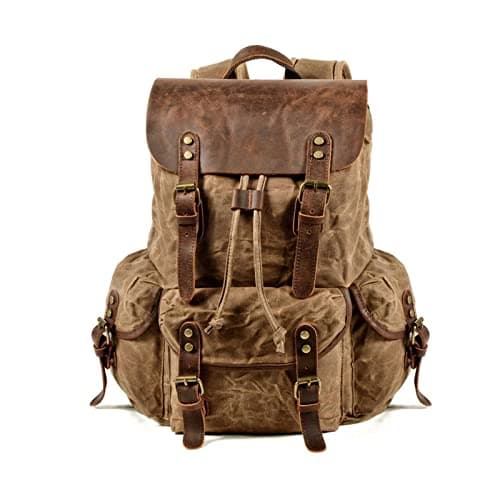 Image of FANDARE Outdoor Backpack Leather-Waxed Canvas Hiking Daypacks Vintage Travel Trekking Rucksack for Men Women Sport Camping Mountaineer Knapsack Khaki