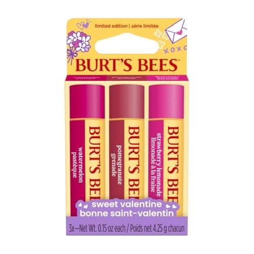 Image of Burt's Bees Sweet Valentine, Bee Mine, Beeswax Lip Balm Trio Gift Set, Limited Edition, Moisturising Flavoured Lip Balm With Watermelon, Pomegranate & Strawberry Lemonade, 100% Natural Origin, 3x4.25g