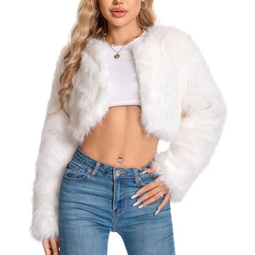 Image of WELLATENT Petite Cropped Fur Coat for Women, Faux Furry Long Sleeve Fluffy Jacket Open Front Winter Shaggy Warm Outwear., White, Small