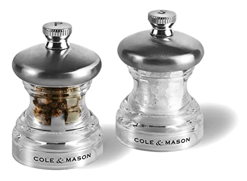 Image of Cole & Mason Button Salt and Pepper Mill Set, Adjustable Precision+ Mechanism, Small 65mm Salt and Pepper Grinder Set Ideal for Picnics, Stainless Steel/Acrylic