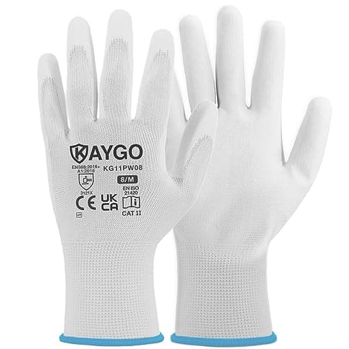 Image of KAYGO Work Gloves PU Coated-12 Pairs, KG11PW, Safety Working Gloves with Secure Grip on Palm & Fingers, for Men and Women, Ideal for General Purpose Light Duty Work, Gardening (Medium, White)