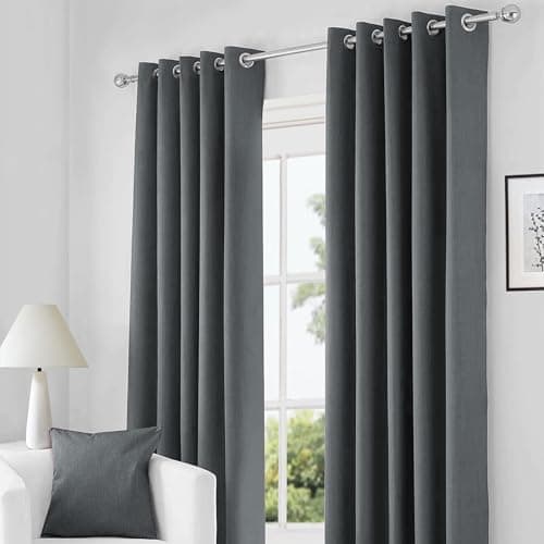 Image of RayyanLinen Readymade Blackout Thermal Eyelet Ring Top Pair of Curtains Including 2 free Tiebacks (CHARCOAL GREY, Width 66" x Drop 72")