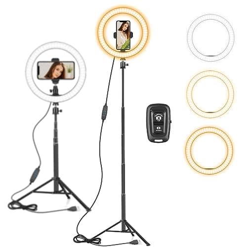 Image of 10" Ring Light with Tall Tripod Stand & Phone Holder for YouTube Video, Dimmable Led Ring Light with Remote for Camera, Video, Makeup, Selfie Photography Compatible with Smartphone