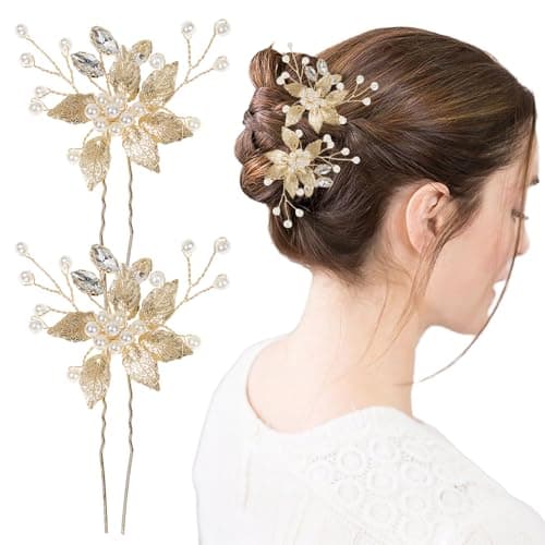Image of Bridal Hair Pins with Crystal Pearls, Vintage Leaf Wedding Headpiece for Women and Girls, 2PCS Hair Clips Accessories(Gold)