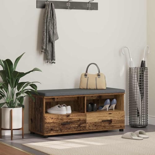 Image of SooIarix Hallway Bench with Cushion with Drawers Reclaimed Wood 100 x 38 x 46 cm, Wood Composite Bench with Storage Space, Small Cabinet for Living Room and Garden Bench Use