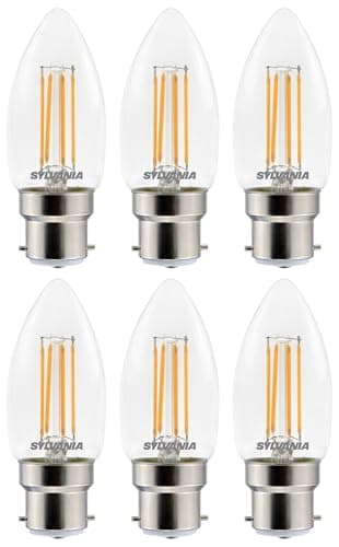 Image of SYLVANIA Candle Clear Filament LED Light Bulbs, B22, 4.5W, 470 Lumens, 40W Equivalent, Warm White 2700K - 6 Pack