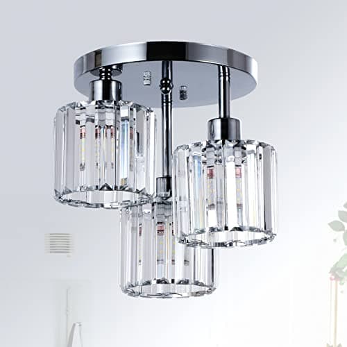 Image of Rayofly Modern Crystal Chandeliers Ceiling Light, 3-Lights Crystal Ceiling Lights Living Room, Chrome Semi Flush Ceilings Light Fittings for Hallway, Bathroom, Bedroom, Foyer, Kitchen Light Fixture