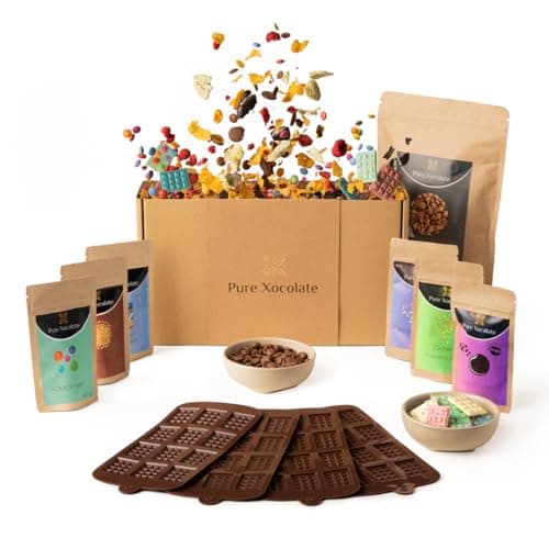 Image of Pure Xocolate Make Your Own Chocolate - Creative Set for 4 Children - Includes 400g Chocolate, 6 Colourful Toppings & Silicone Mould - Children's Birthday Indoor - DIY Set (Full Size, Mini Chalkboard