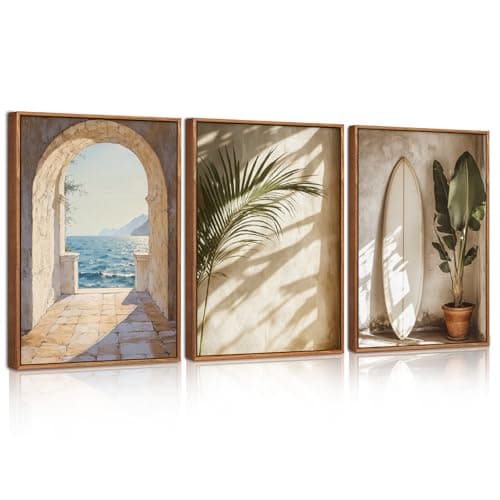 Image of Celestdeco French Landscape Framed Canvas Wall Art Set, Ocean Coastal Style Wall Decor, Palm Tree Surfboard Wall Painting, Ocean Seascape Poster for Living Room, Bedroom 30x40cm