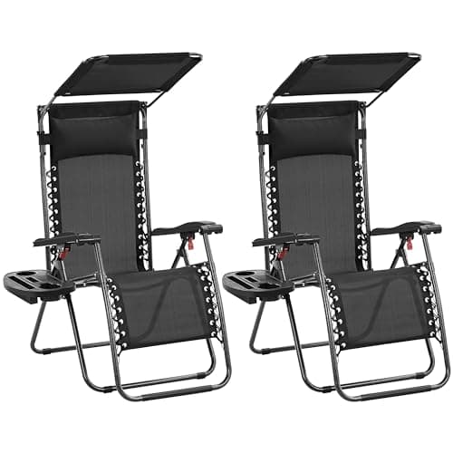 Image of Yaheetech Yaheetch Outdoor Zero Gravity Sun Lounger Foldable Recliner Adjustable Patio Garden Chair w/Canopy, Cup Holder, Carry Strap for Beach Deck Camping Black/2