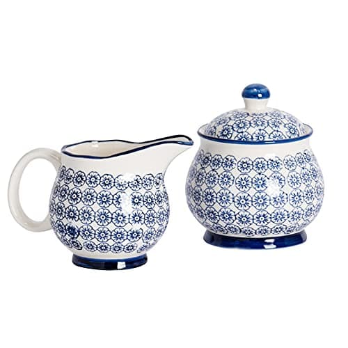 Image of Nicola Spring Hand-Printed Milk & Sugar Set - 300ml - Navy Decorative Porcelain Dishwasher Safe Floral Pattern Milk Jug and Sugar Storage Container Set