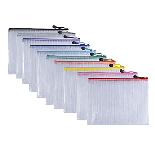Image of Pack of 10 A3 Assorted PVC Mesh Coloured Zip Bags - Mesh Zipper Pouch Document Bag - A4 Zipper File Bags for School & Office Supplies