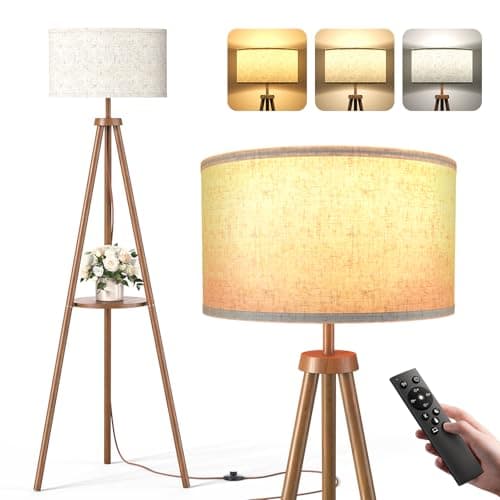 Image of Tripod Floor Lamp with Storage Shelves - 12W Solid Wooden Standing Lamp with E27 Bulb & Remote Control, Corner Lights for Living Room, Bedroom (Dark Brown)