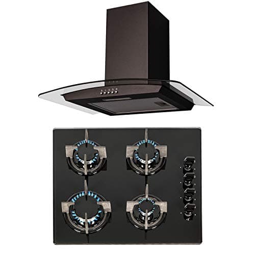 Image of SIA 60cm Black 4 Burner Gas On Glass Hob And Curved Glass Cooker Hood Extractor