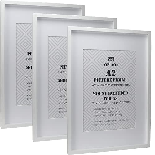 Image of White A2(42x59.4cm) Boxed Picture Frames Set of 3 with Mounts for A3(29.7X42CM), A3 boxed photo frames 3pack, White A2 wooden Effect Poster Frame with Mount for A3 picture Frames